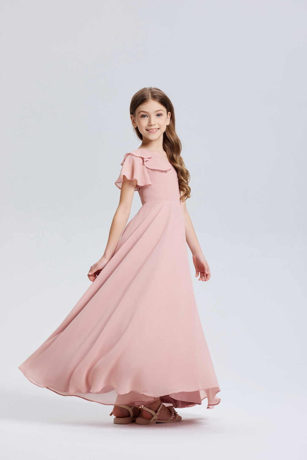 Wehilion One-Shoulder Ruffle Chiffon Flower Girl Dress in Soft Pink Perfect for Special Occasions