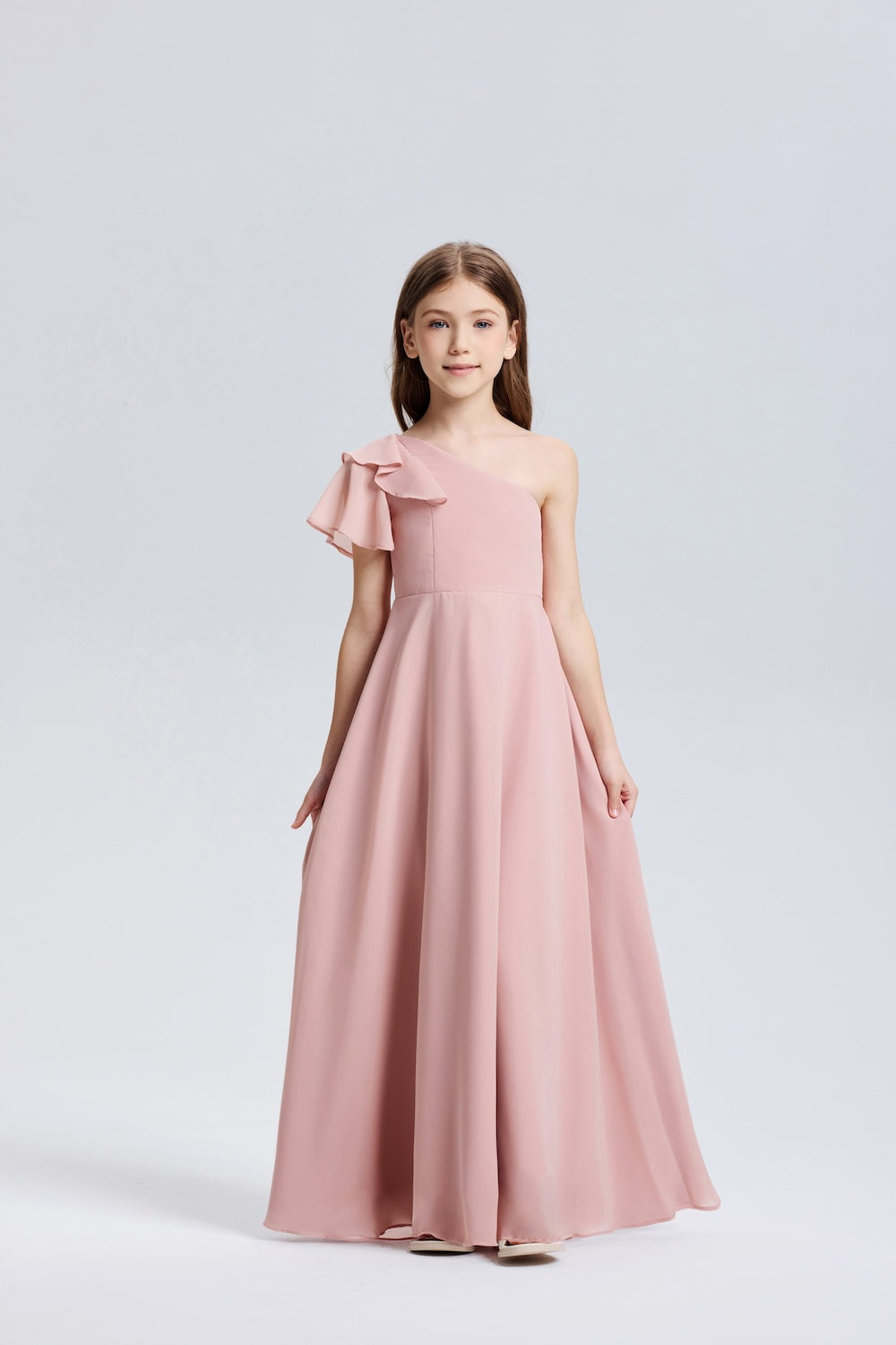 Wehilion One-Shoulder Ruffle Chiffon Flower Girl Dress in soft pink with a stylish ruffle detail