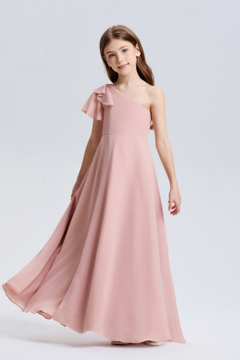 Wehilion One-Shoulder Ruffle Chiffon Flower Girl Dress in Soft Pink with Flowing Skirt