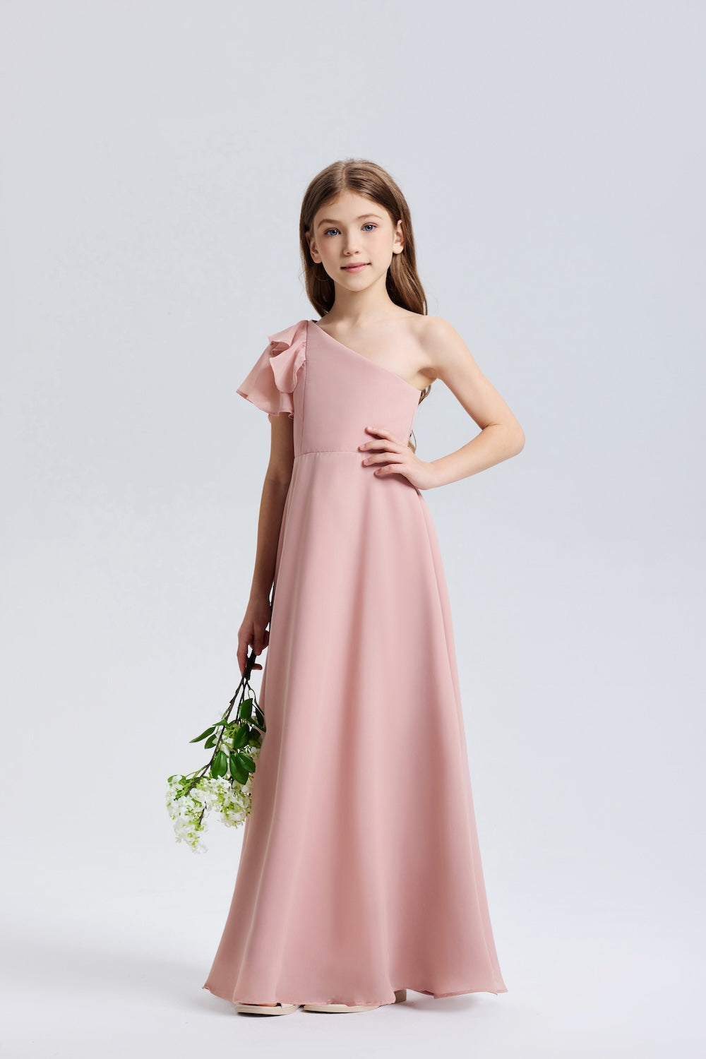 Wehilion One-Shoulder Ruffle Chiffon Flower Girl Dress in pink with a floral bouquet