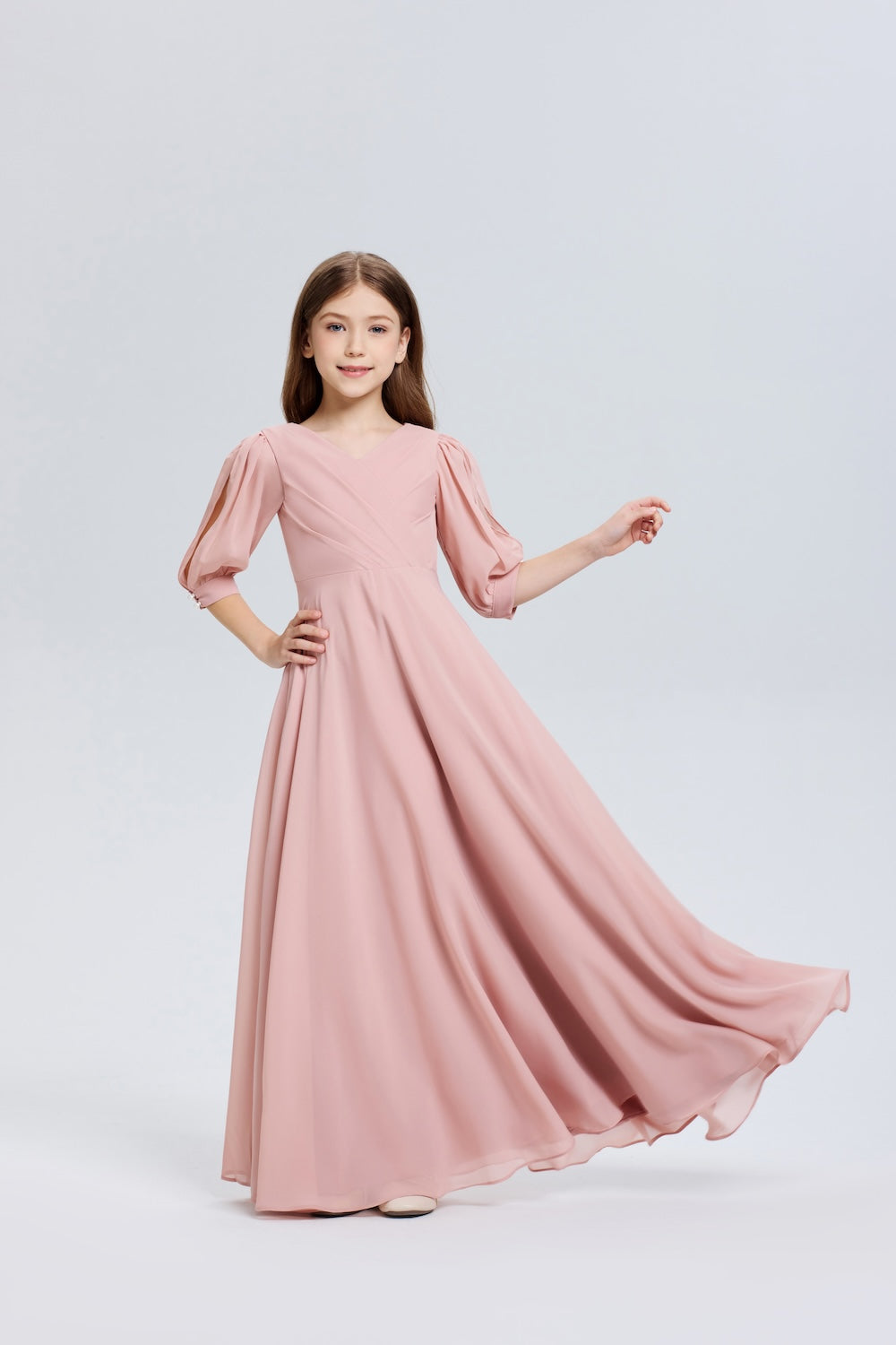 Elegant V-Neck Pleated Chiffon Flower Girl Dress