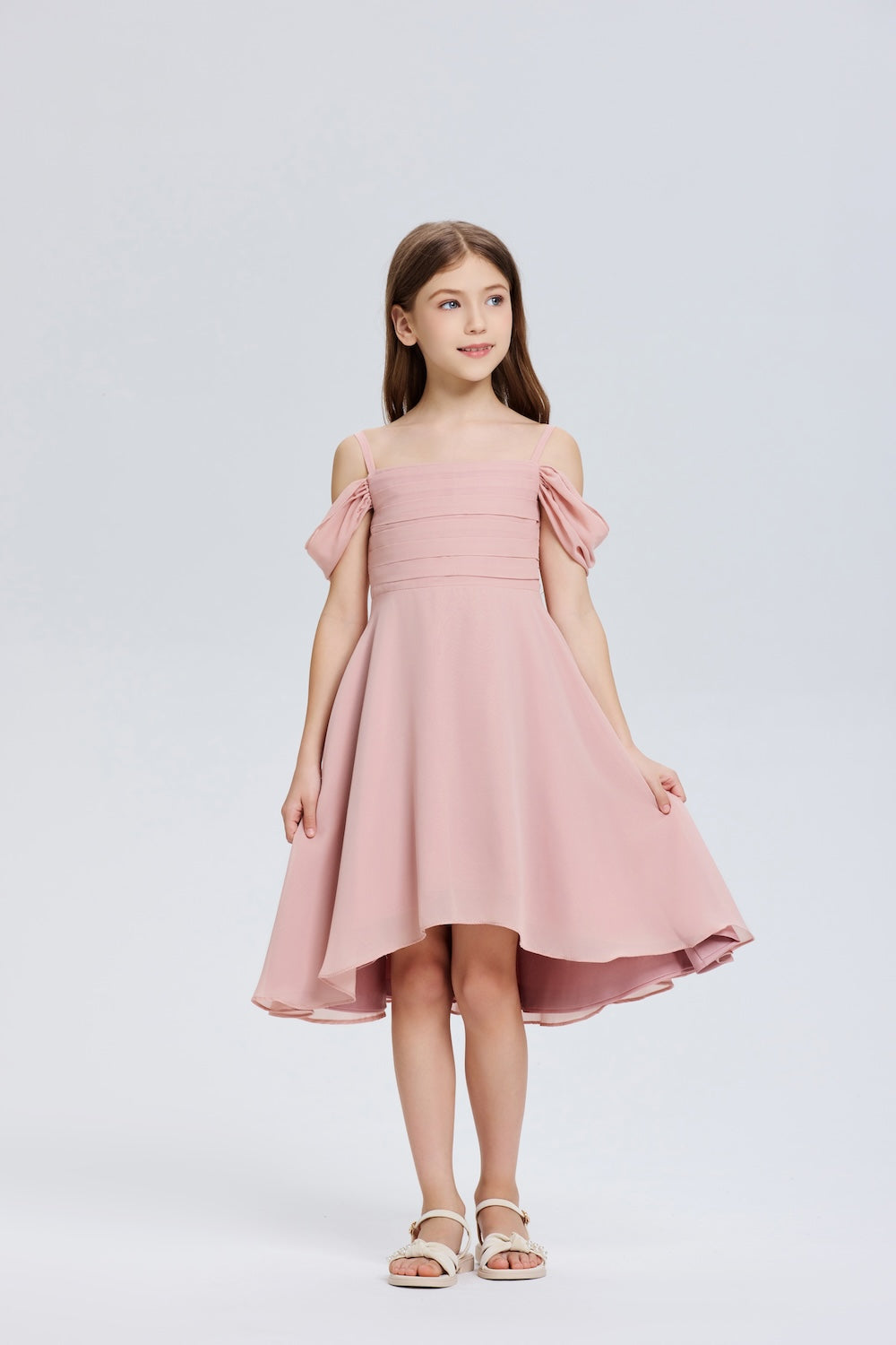 Wehilion chiffon flower girl dress in soft pink with off-shoulder puff sleeves and a flowy skirt