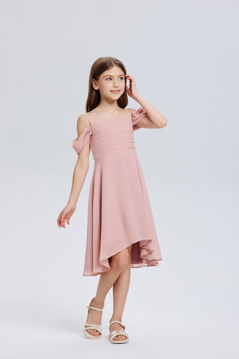 Wehilion chiffon flower girl dress in blush pink with elegant shoulder sleeves for special occasions