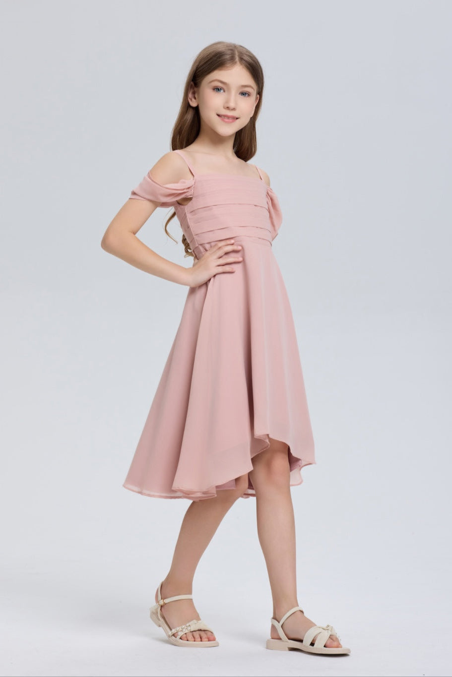 Wehilion chiffon flower girl dress in soft pink with stylish off-shoulder design and flowy hem
