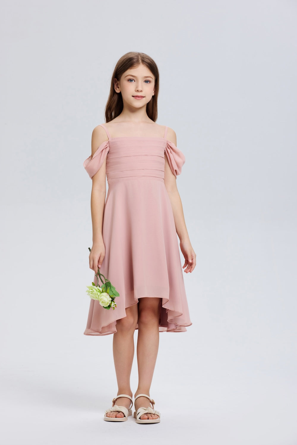 Wehilion chiffon flower girl dress in pink with off-shoulder sleeves and a flowing design