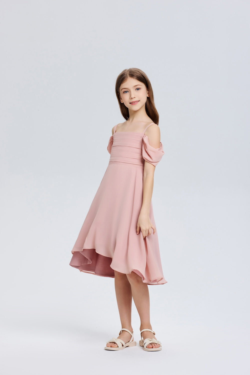 Wehilion chiffon flower girl dress in soft pink with off-shoulder design and flowing hem