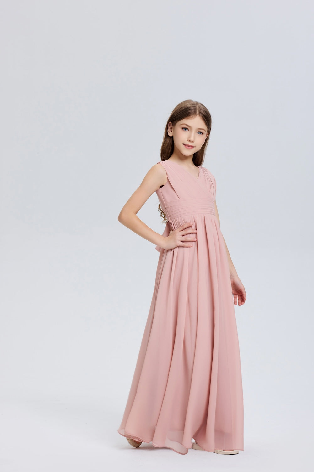 Stylish Sleeveless Ruched V-neck Chiffon Flower Girl Dress