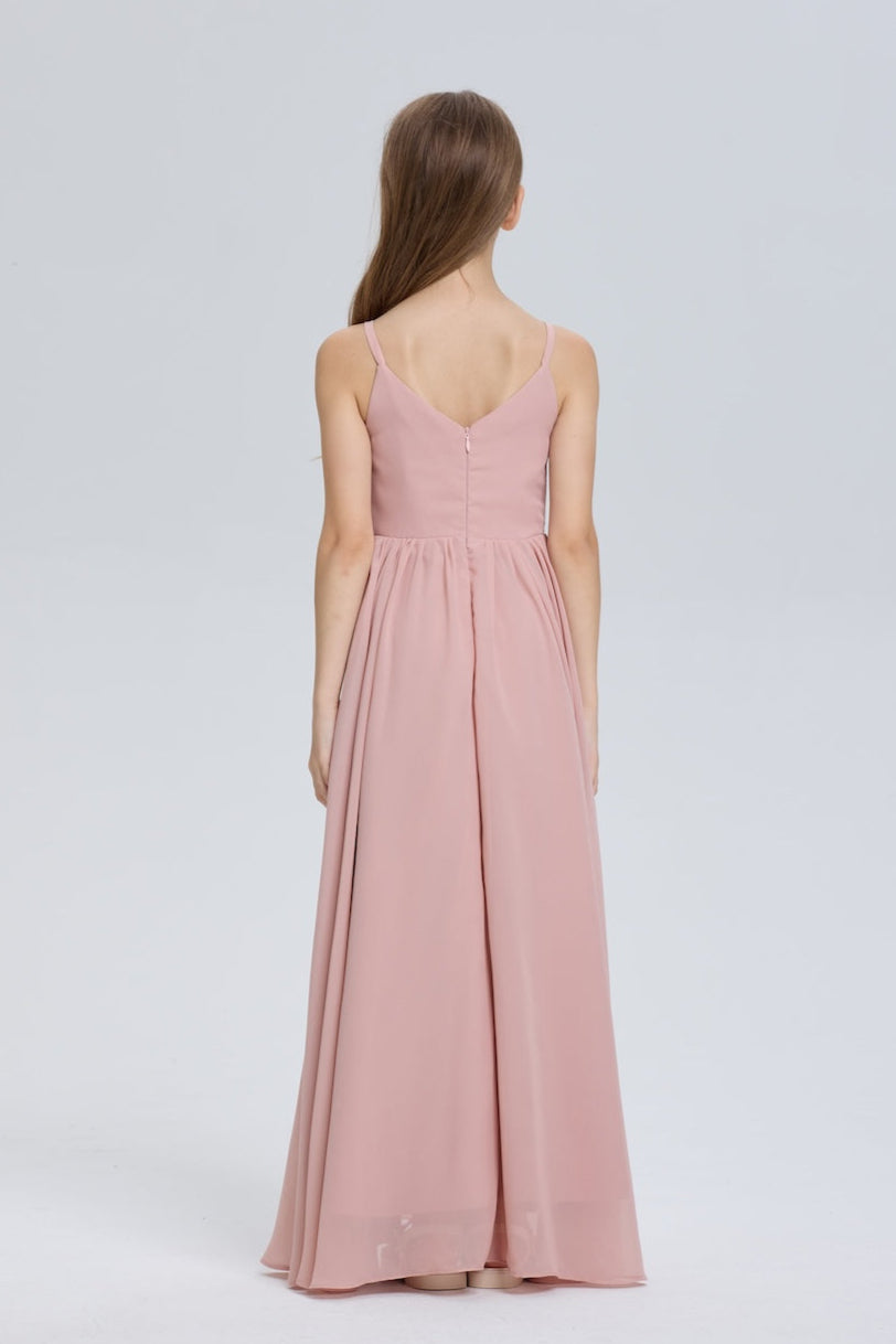 Back view of Wehilion V-neck chiffon flower girl dress in soft pink with flowing skirt