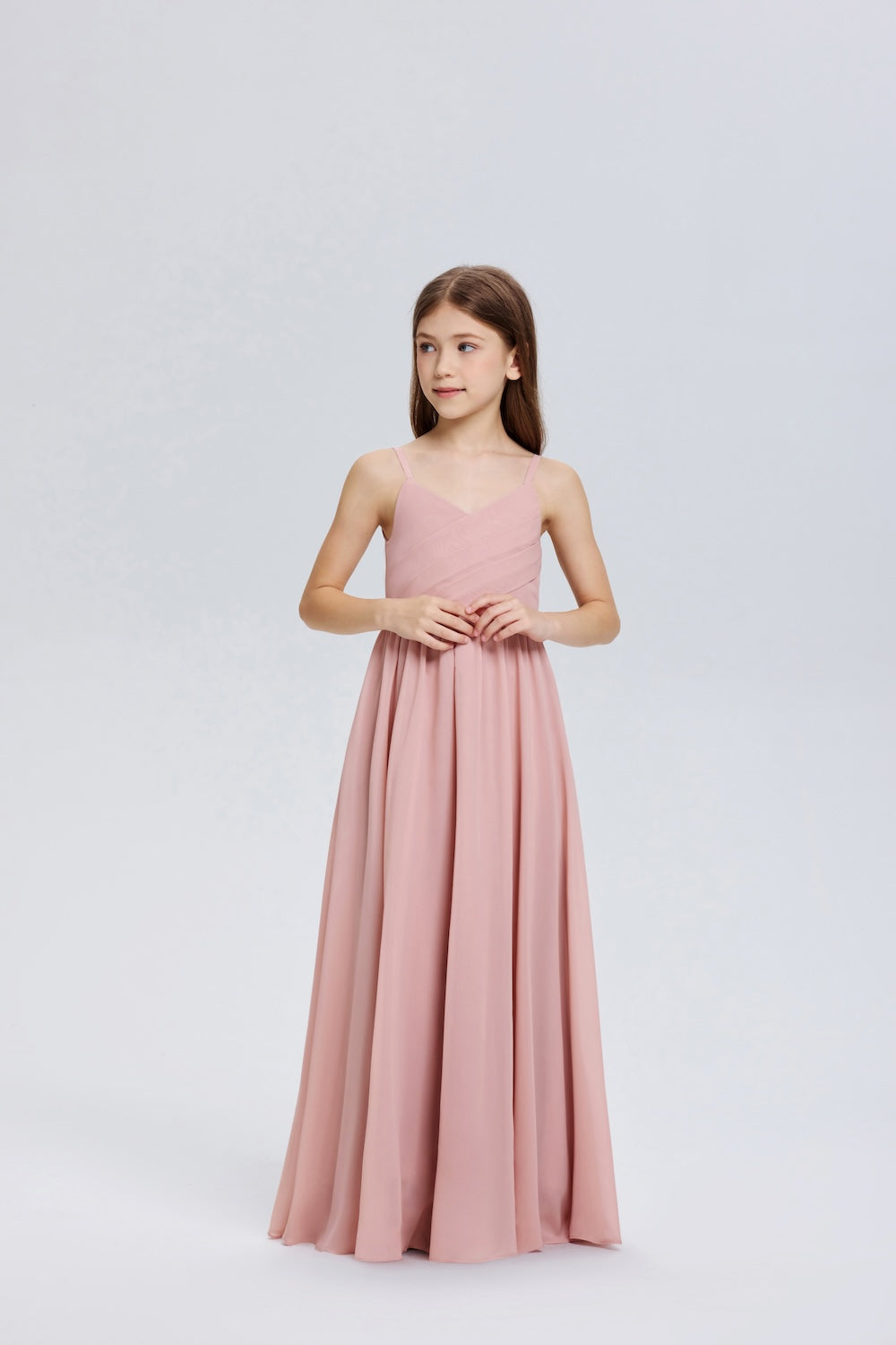 Wehilion V-neck chiffon flower girl dress in soft pink, perfect for formal occasions
