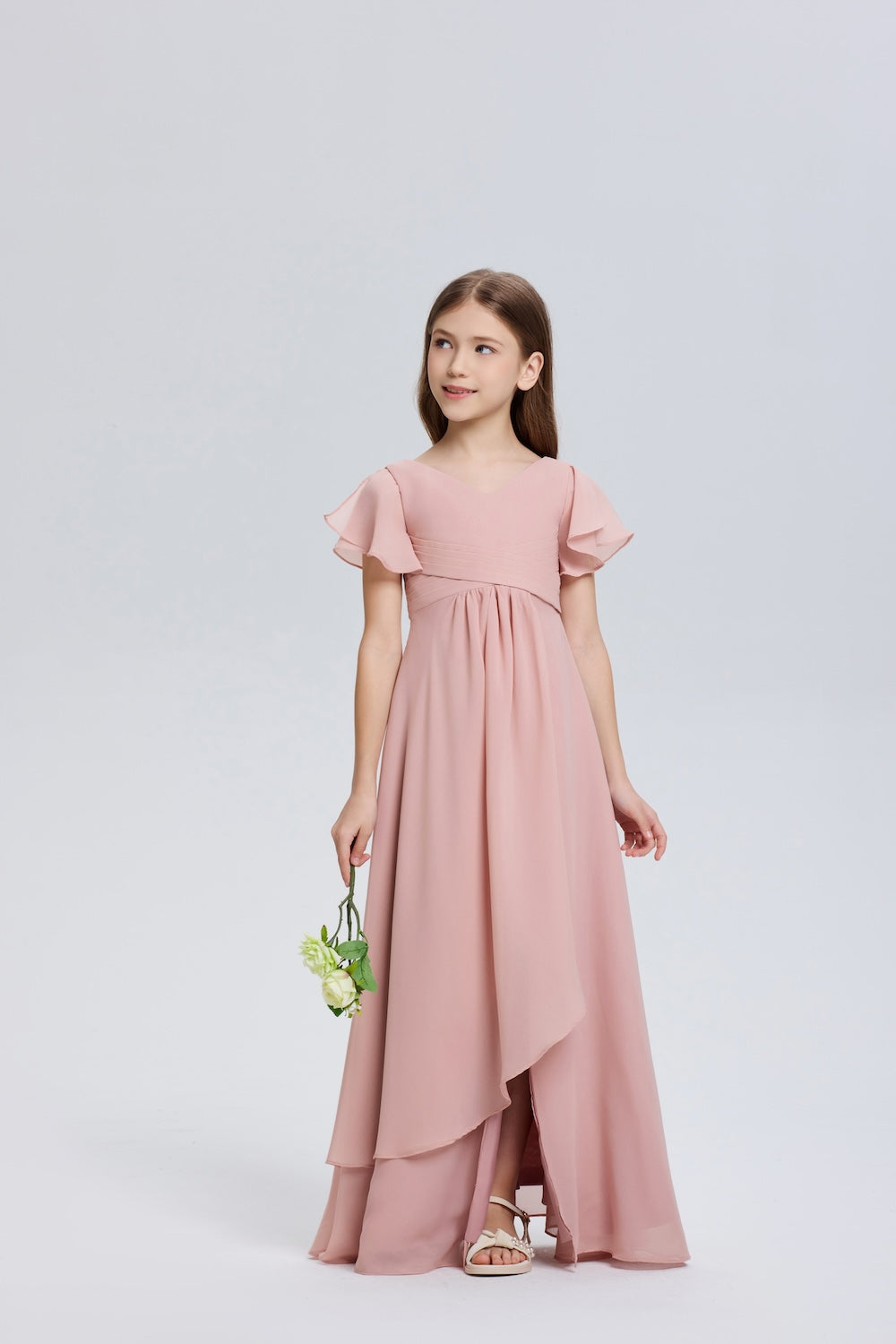 Elegant Ruffle V-Neck Slit Chiffon Flower Girl Dress