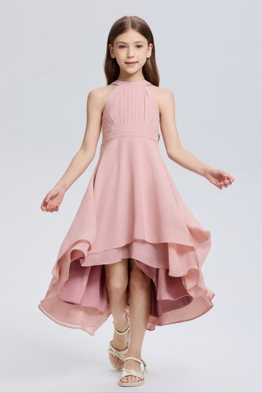pleated chiffon halter dress Elegant Beige Pleated Chiffon Gown With Halter Neck