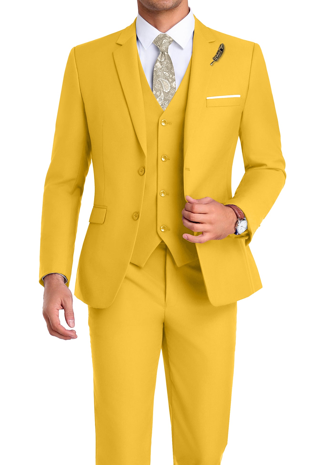 Model in bright yellow 3-piece slim fit suit with tie and white shirt, posing front-facing with confident posture