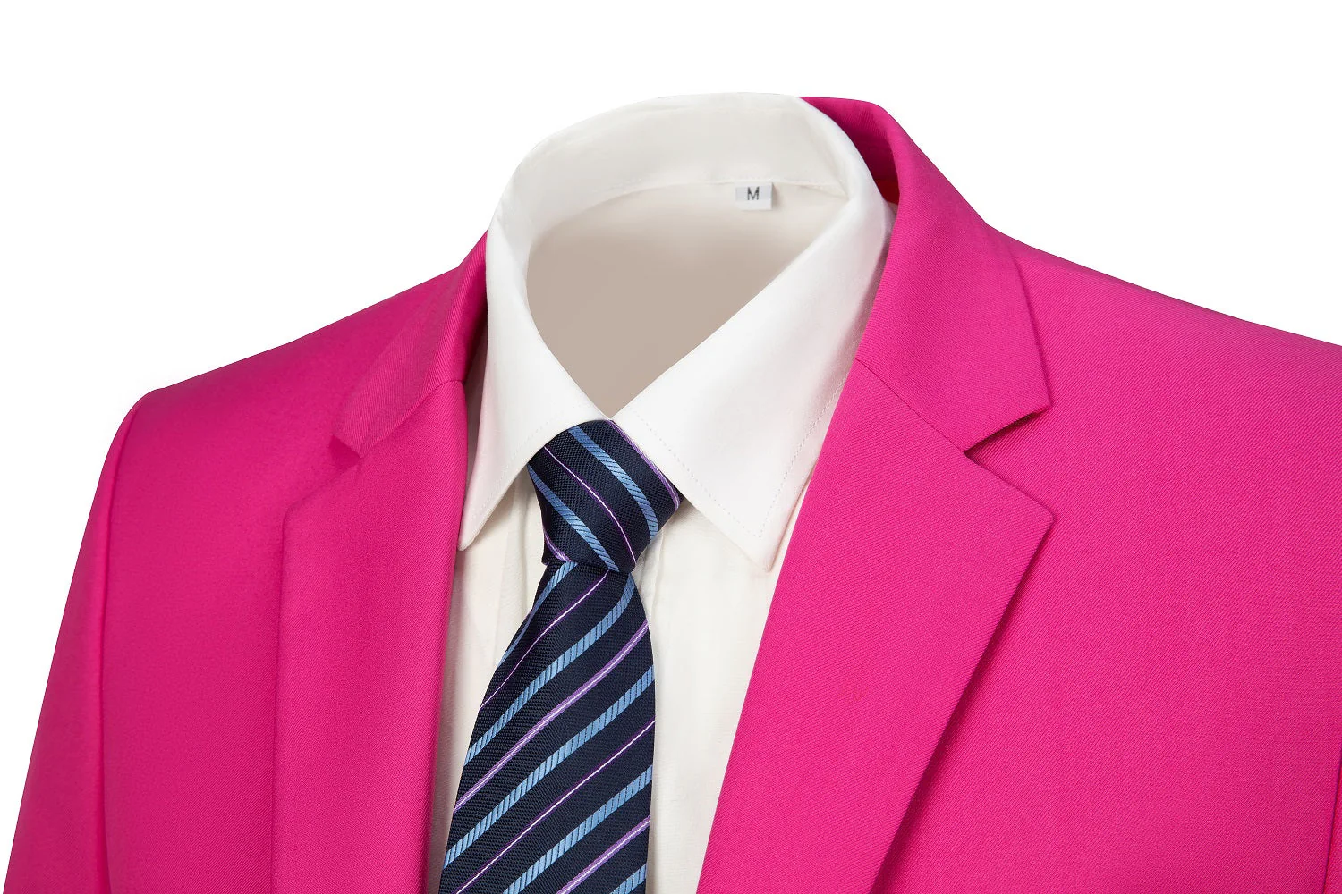 Men's fuchsia two button blazer closeup - notched lapel with white shirt & navy blue striped tie formal collar detail