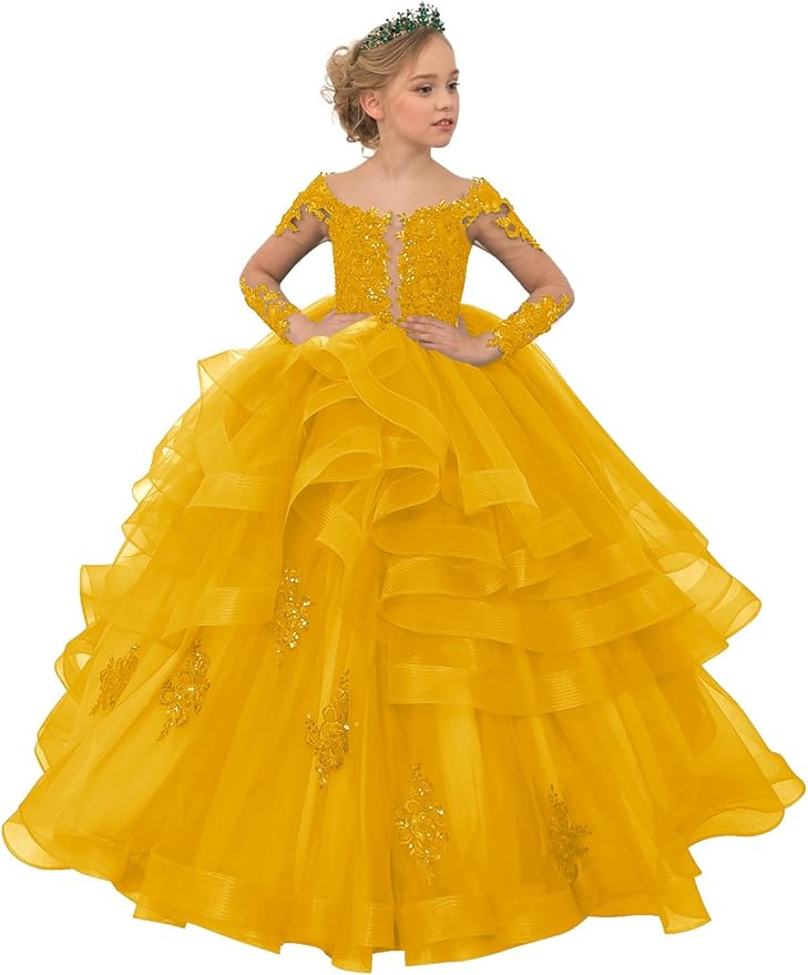 Long Sleeve Flower Girl Dresses Lace Applique Princess Ruffles Tulle Party Gown