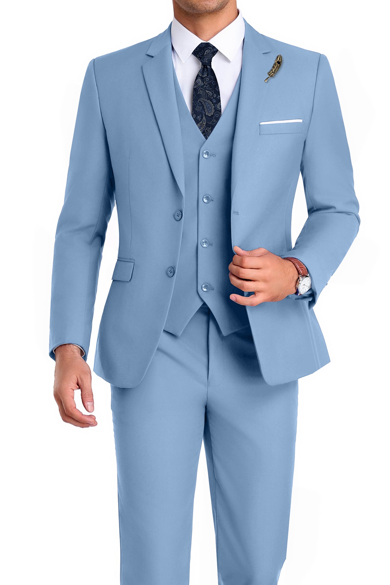 Model in dusty blue 3-piece slim fit suit with tie and white shirt, posing front-facing with confident posture
