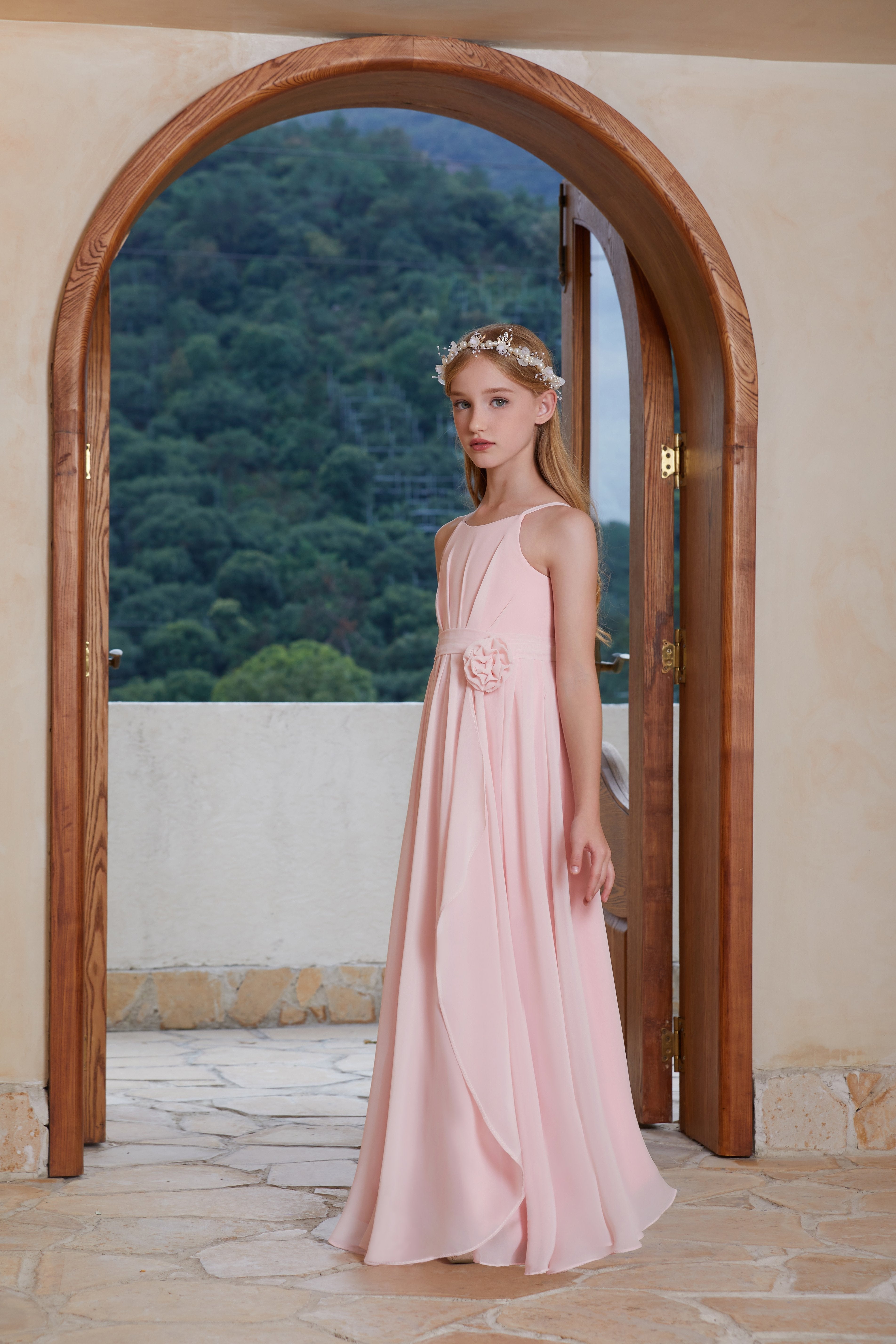 Pink Stylish Halter Chiffon Flower Girl Gown Dress