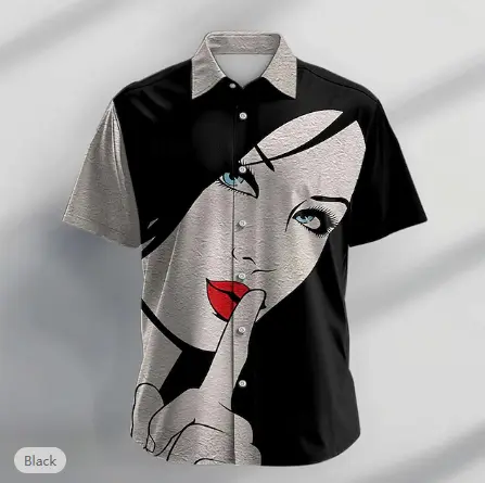 Men’s short sleeve 3D graphic face shirt – black and grey colorblock with turndown collar