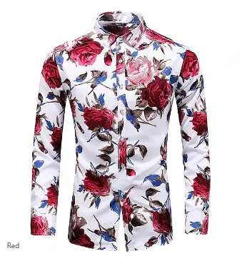 Long sleeve red floral shirt for men – stylish slim fit for casual events