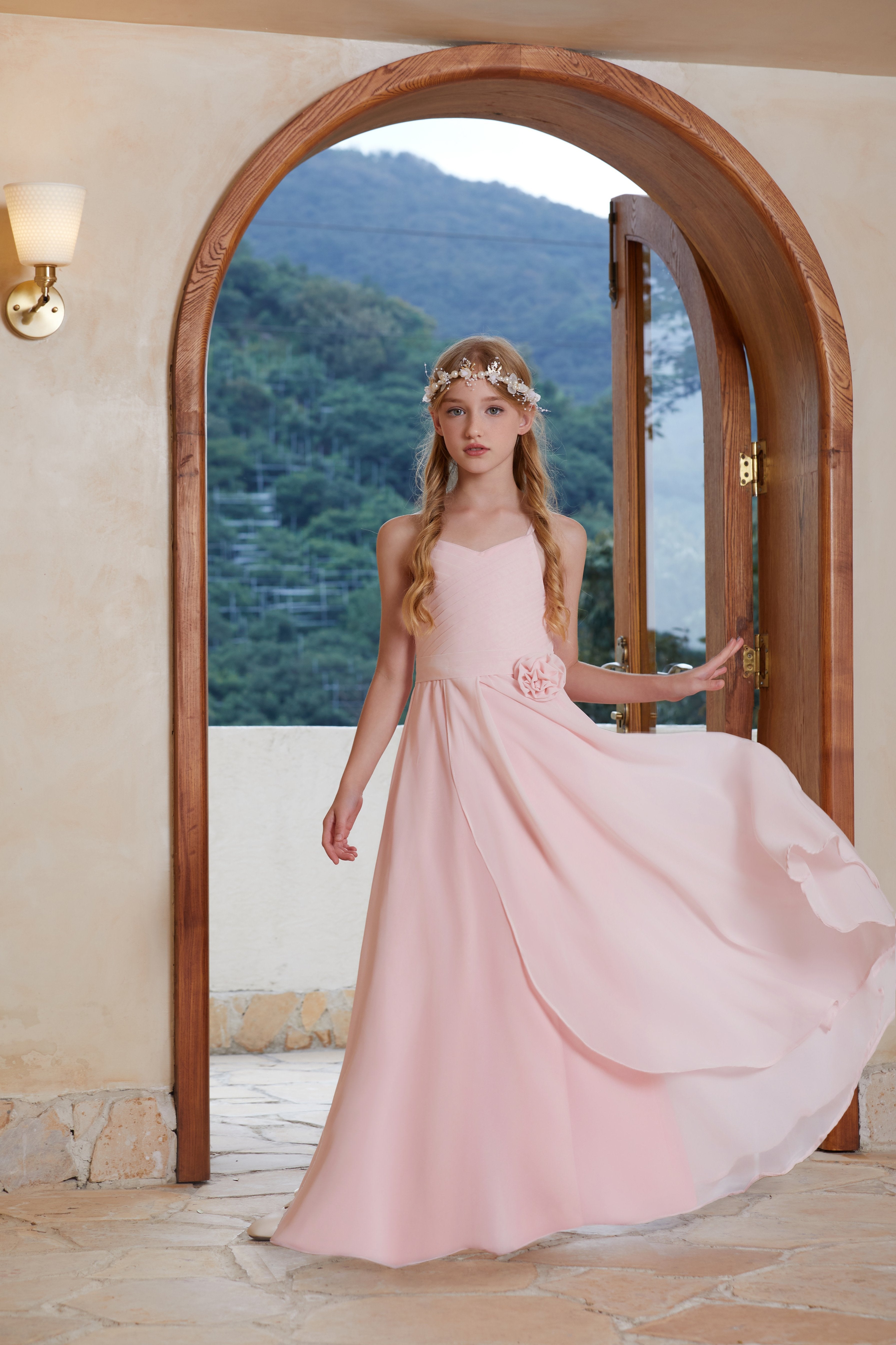 Pink V-neck Ruffle Chiffon Flower Girl Dress