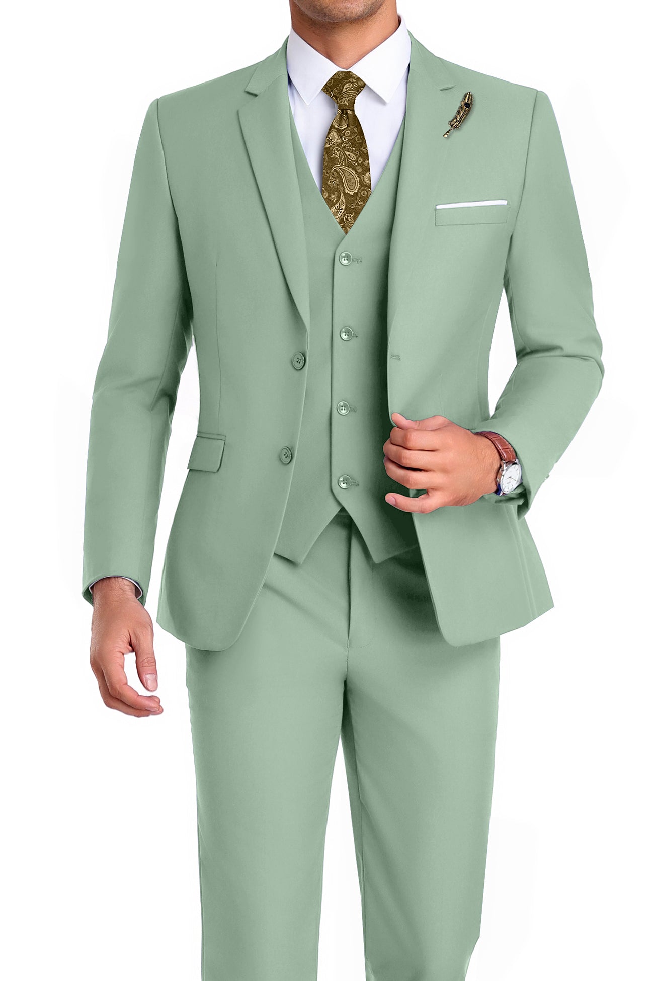 Model in sage green 3-piece slim fit suit with tie and white shirt, posing front-facing with confident posture