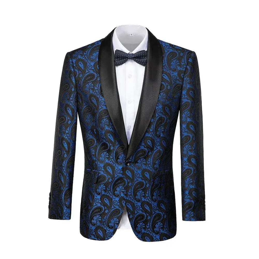 Front view of a royal blue paisley patterned blazer with black satin peak lapels, paired with a white shirt and a black bowtie.