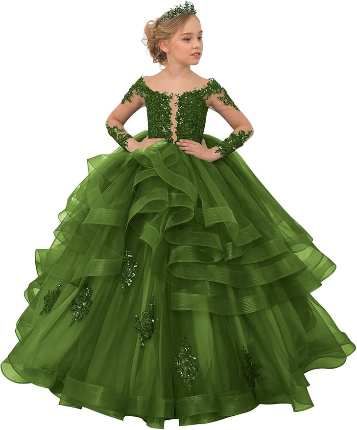 Long Sleeve Flower Girl Dresses Lace Applique Princess Ruffles Tulle Party Gown