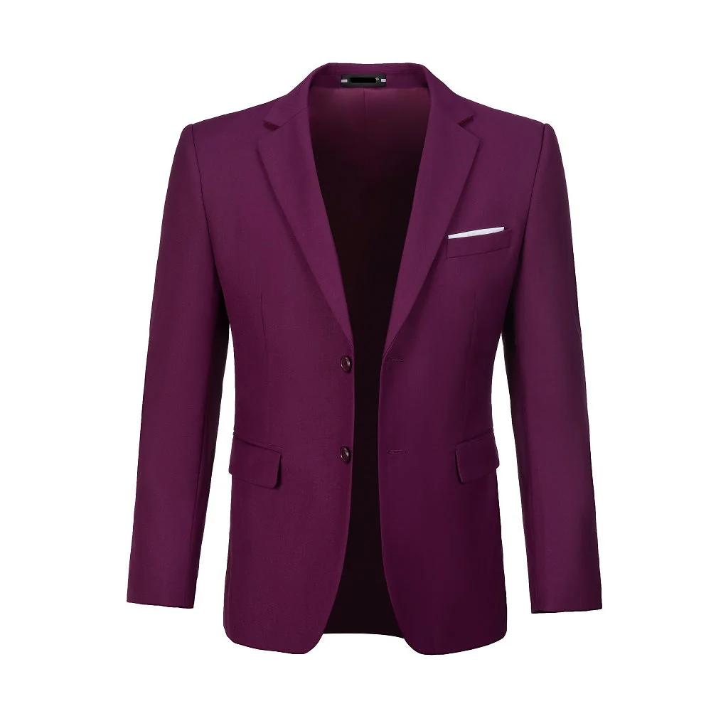 Men's purple two button blazer - open front with chest pocket & white pocket square formal jacket