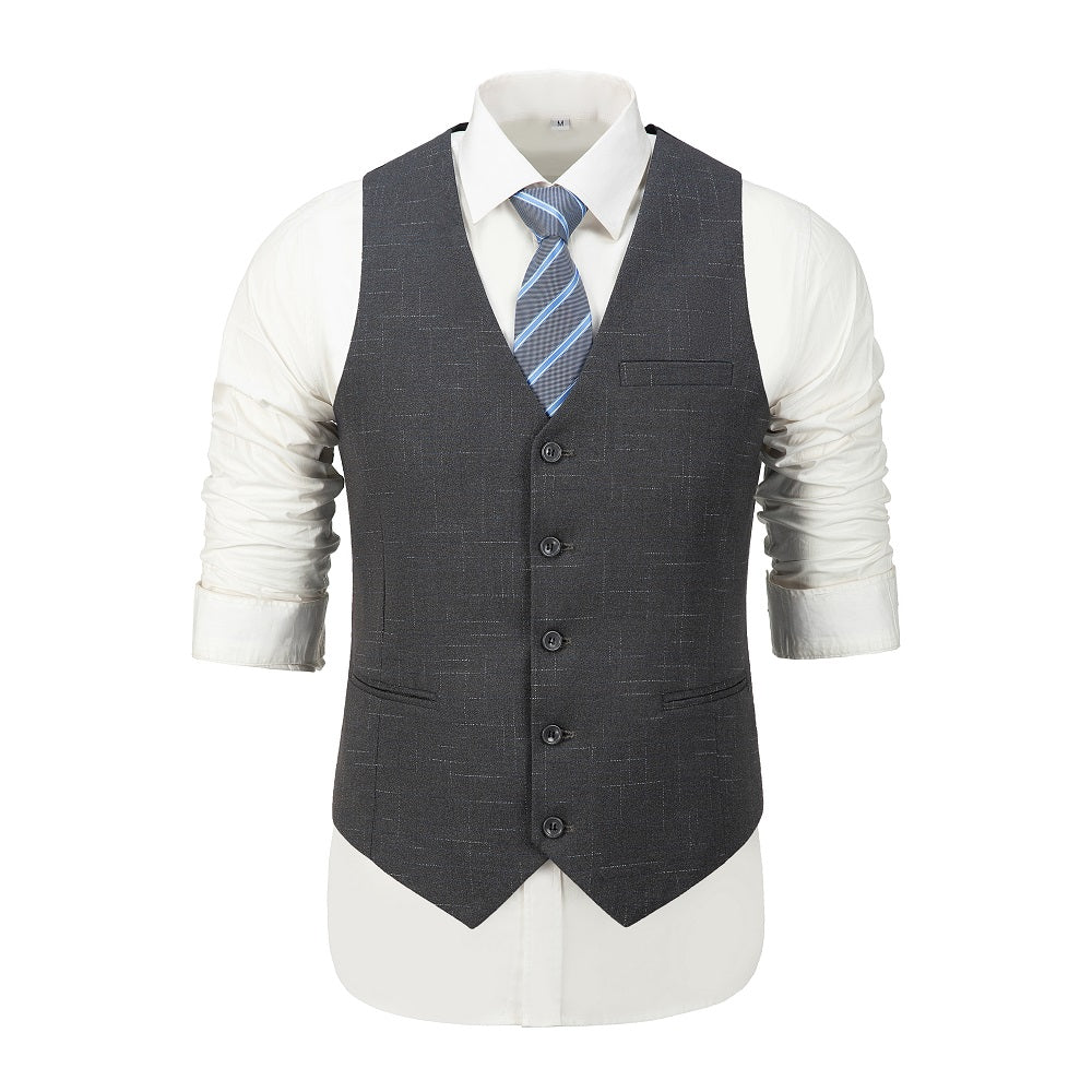 Grey small plaid men’s vest with blue striped tie – modern formalwear for weddings or business