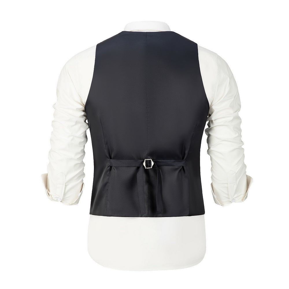 Back view of adjustable grey men’s vest with satin finish – elegant party outfit component