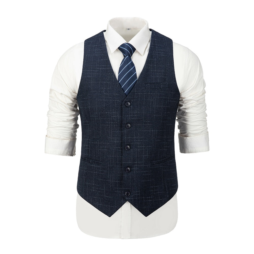 Front view of navy plaid men's vest with white shirt and striped tie – ideal for wedding or business