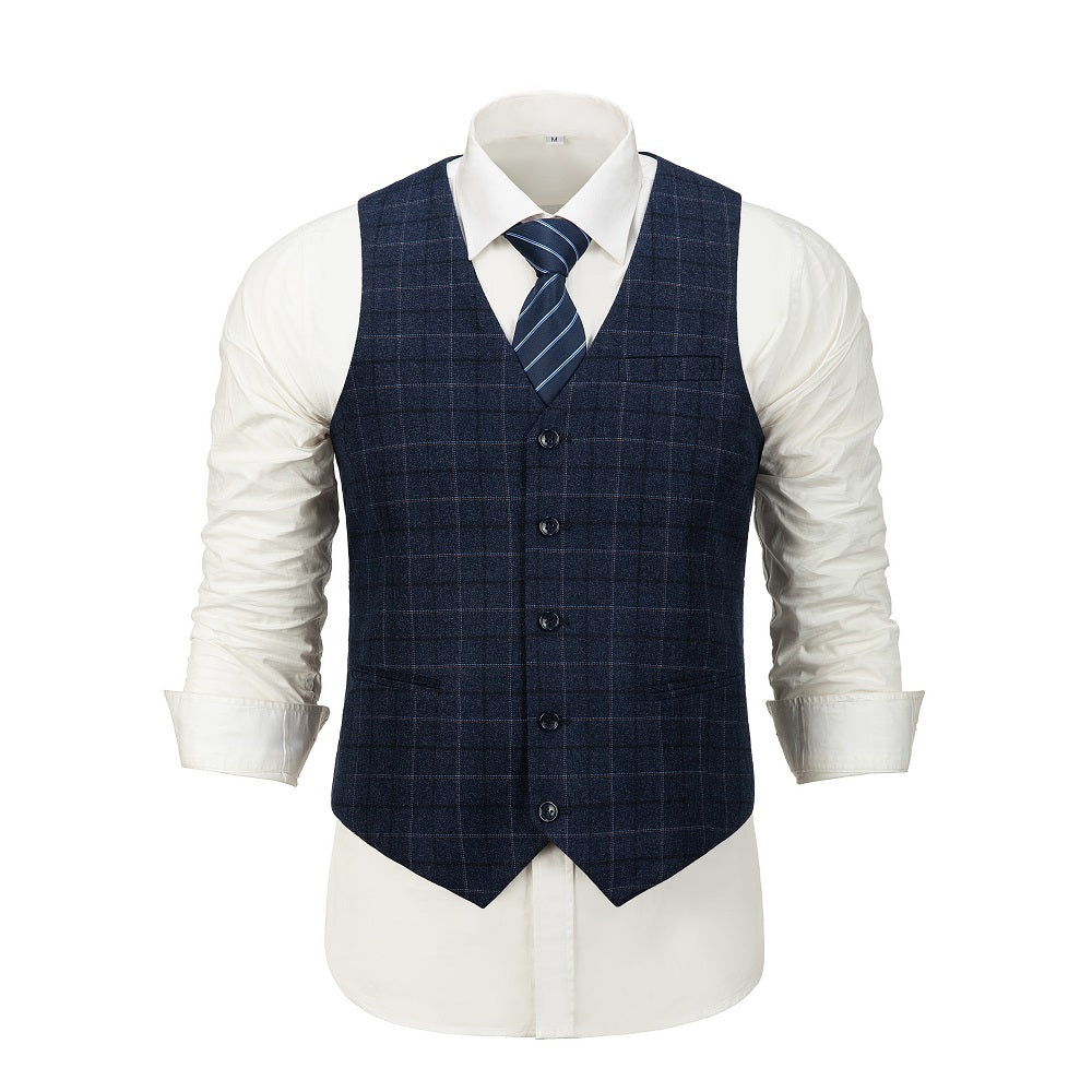 Navy plaid men's dress vest with large check pattern – front view with shirt and tie for formal occasions