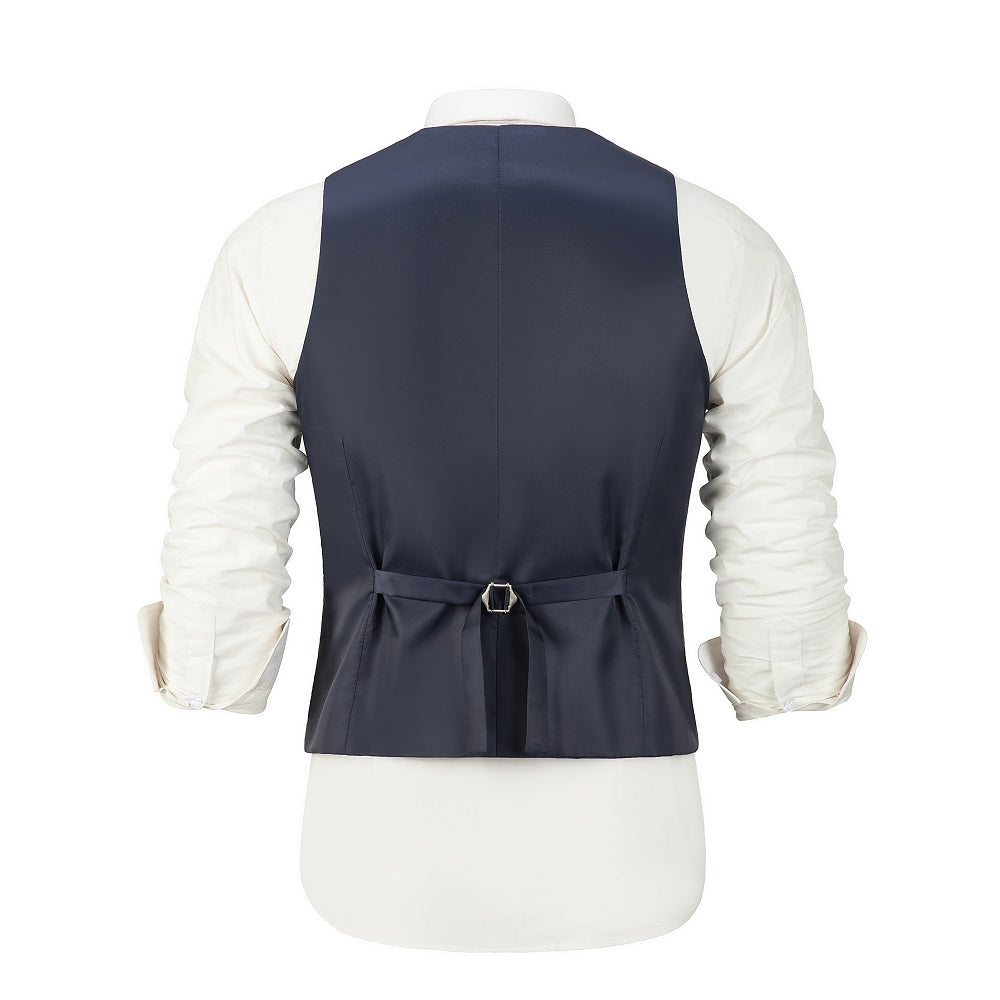 Back view of navy checked men’s suit vest with adjustable waist belt – tailored fit for business or parties