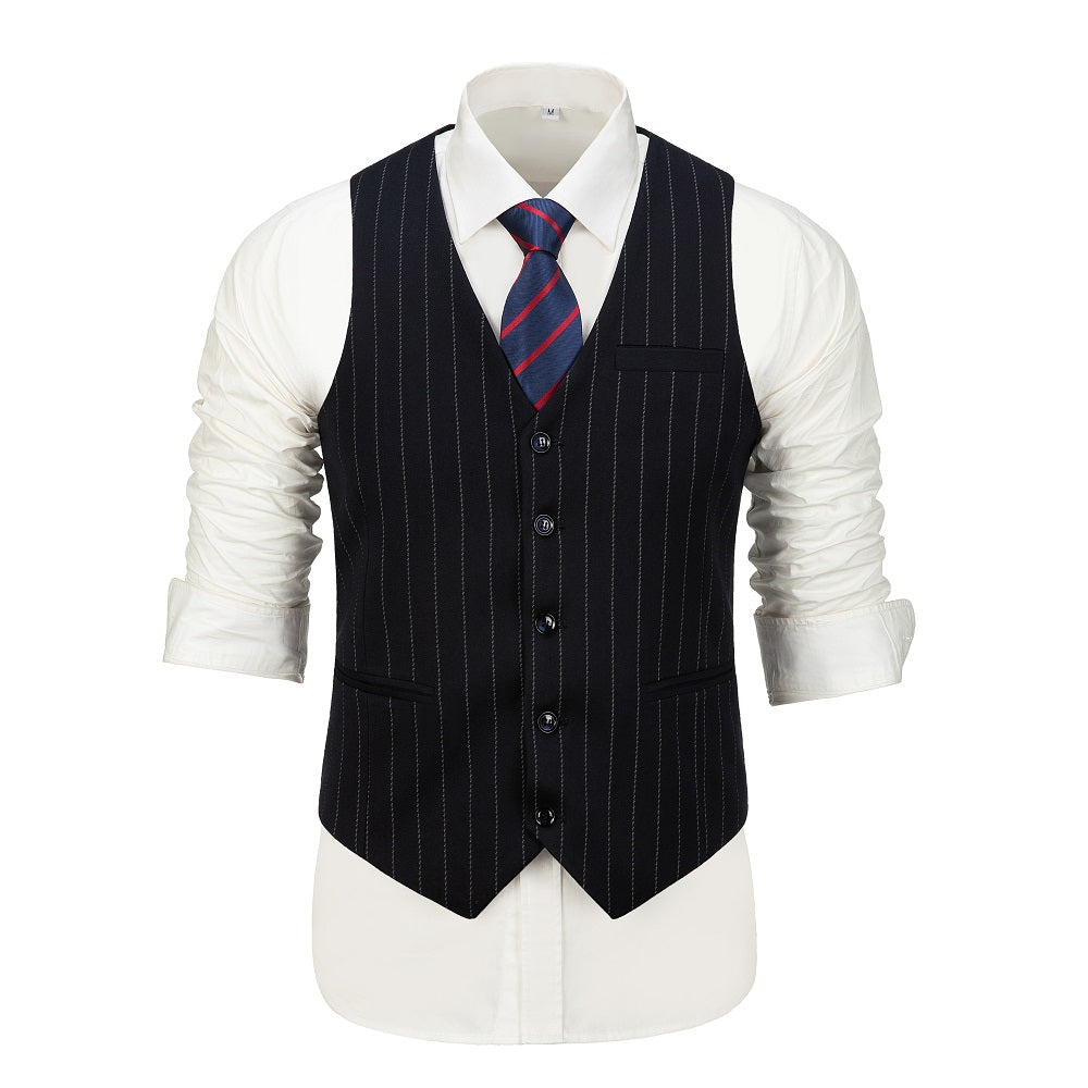 Front view of navy striped men's suit vest with dress shirt and tie – formalwear for party or business