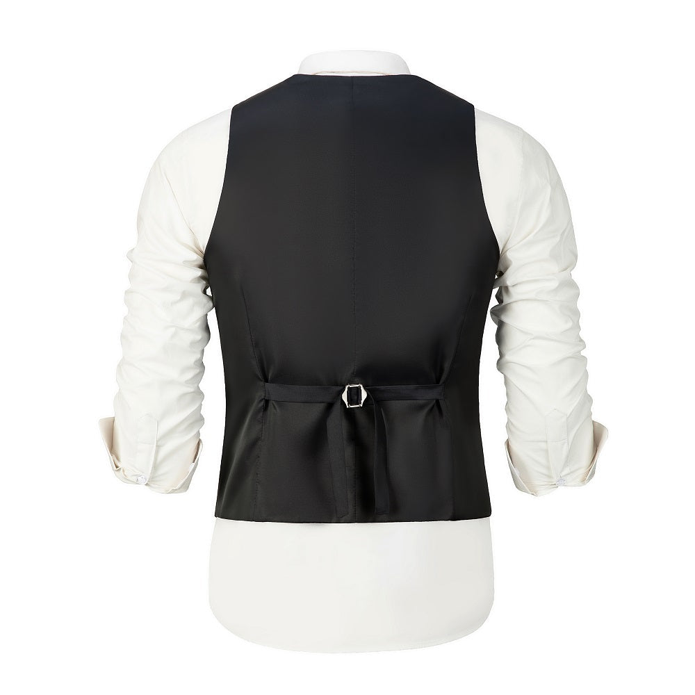 Black men's formal vest back view with adjustable strap buckle, suitable for business, party, or wedding