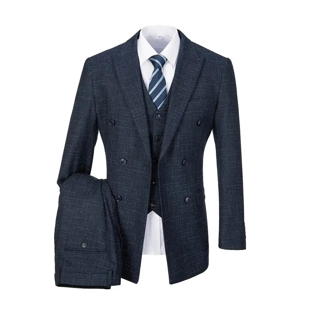 Complete 3-piece navy plaid suit set including blazer, vest, and trousers