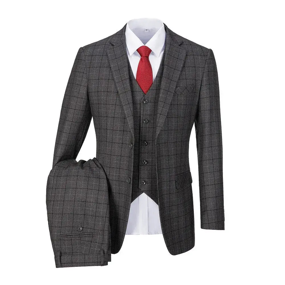 Classic grey check suit with red tie and tailored silhouette.