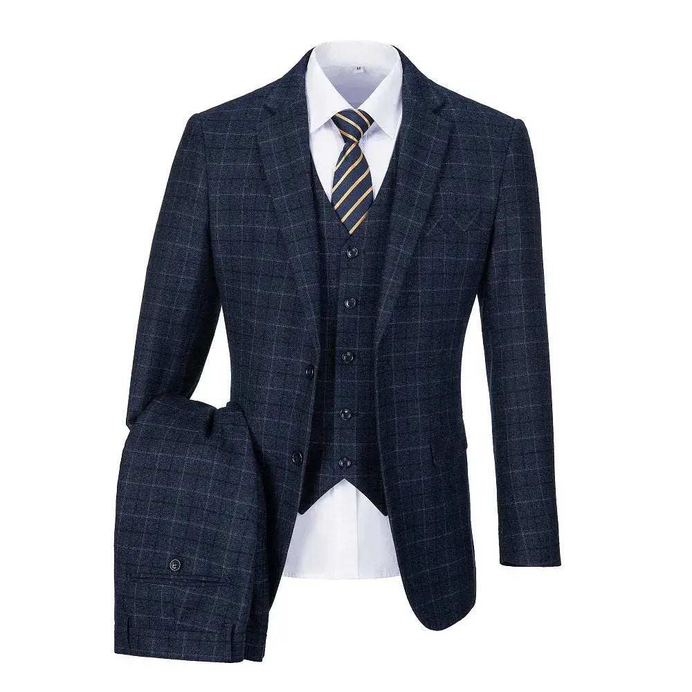 Navy plaid suit displayed with folded pants, vest, and blazer combination