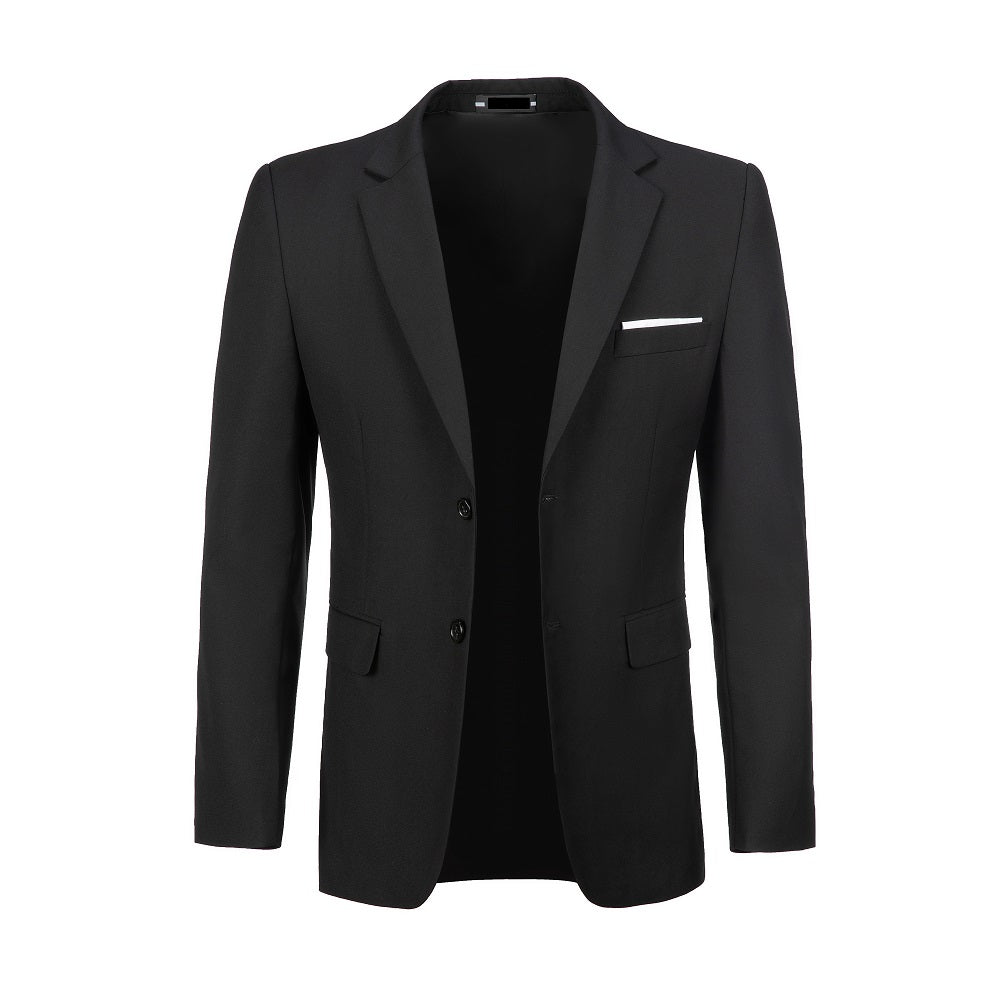 Men's black two button blazer open front - chest pocket with white pocket square for formal occasions