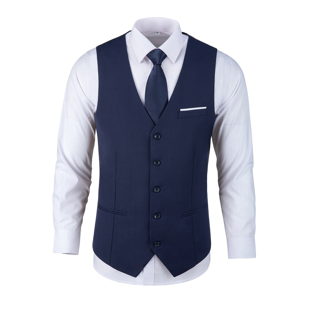 Slim fit navy vest and tie over white shirt – part of formal men's 3 piece suit