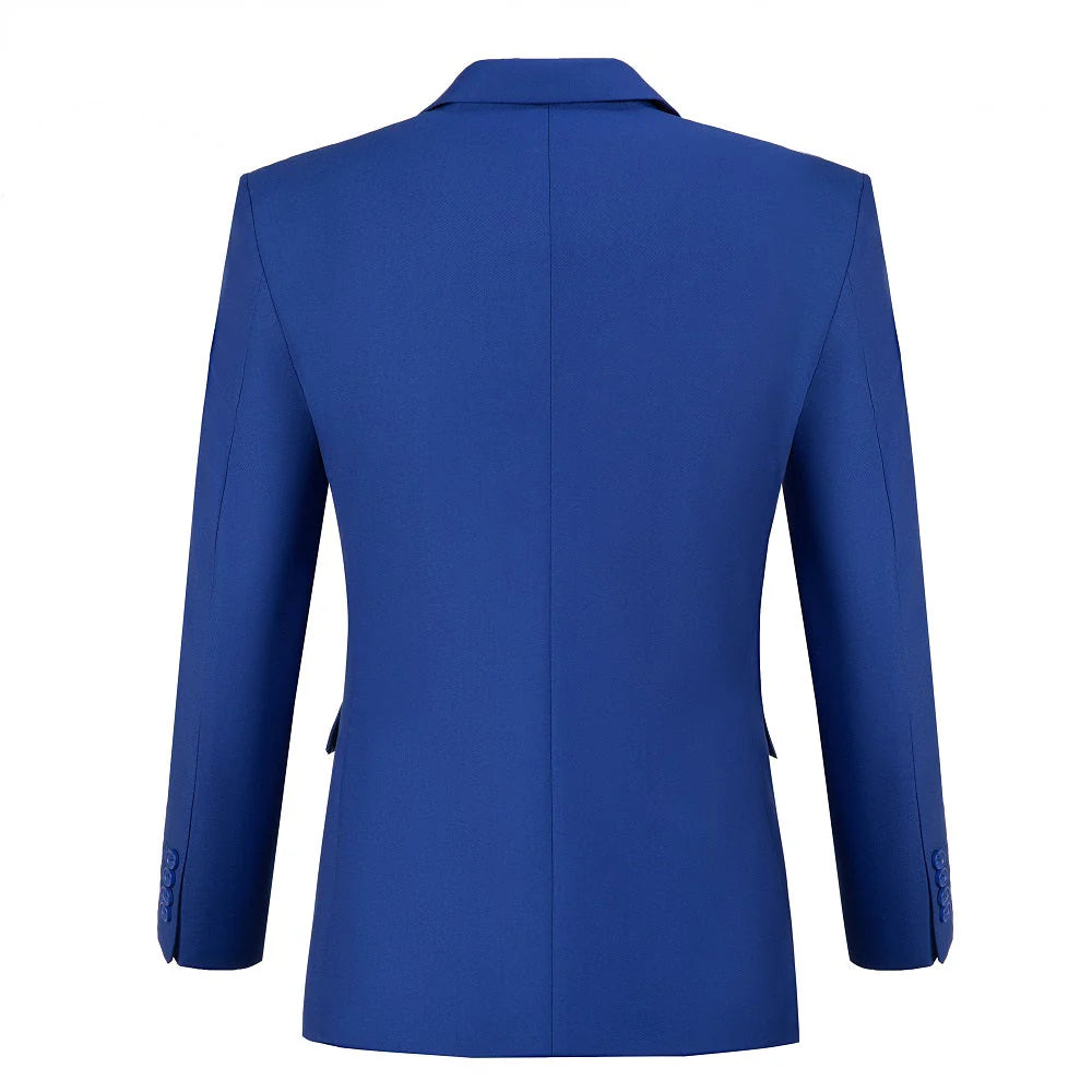 Men's royal blue two button blazer back view - slim fit center seam with four button cuffs formal jacket