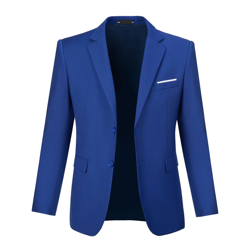 Men's royal blue two button blazer - open front with chest pocket & white pocket square formal jacket
