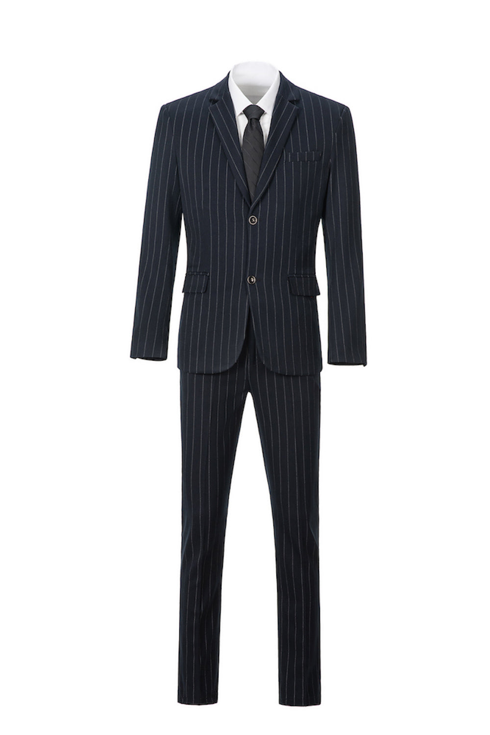 Front view of navy chalk stripe suit with black tie and white shirt