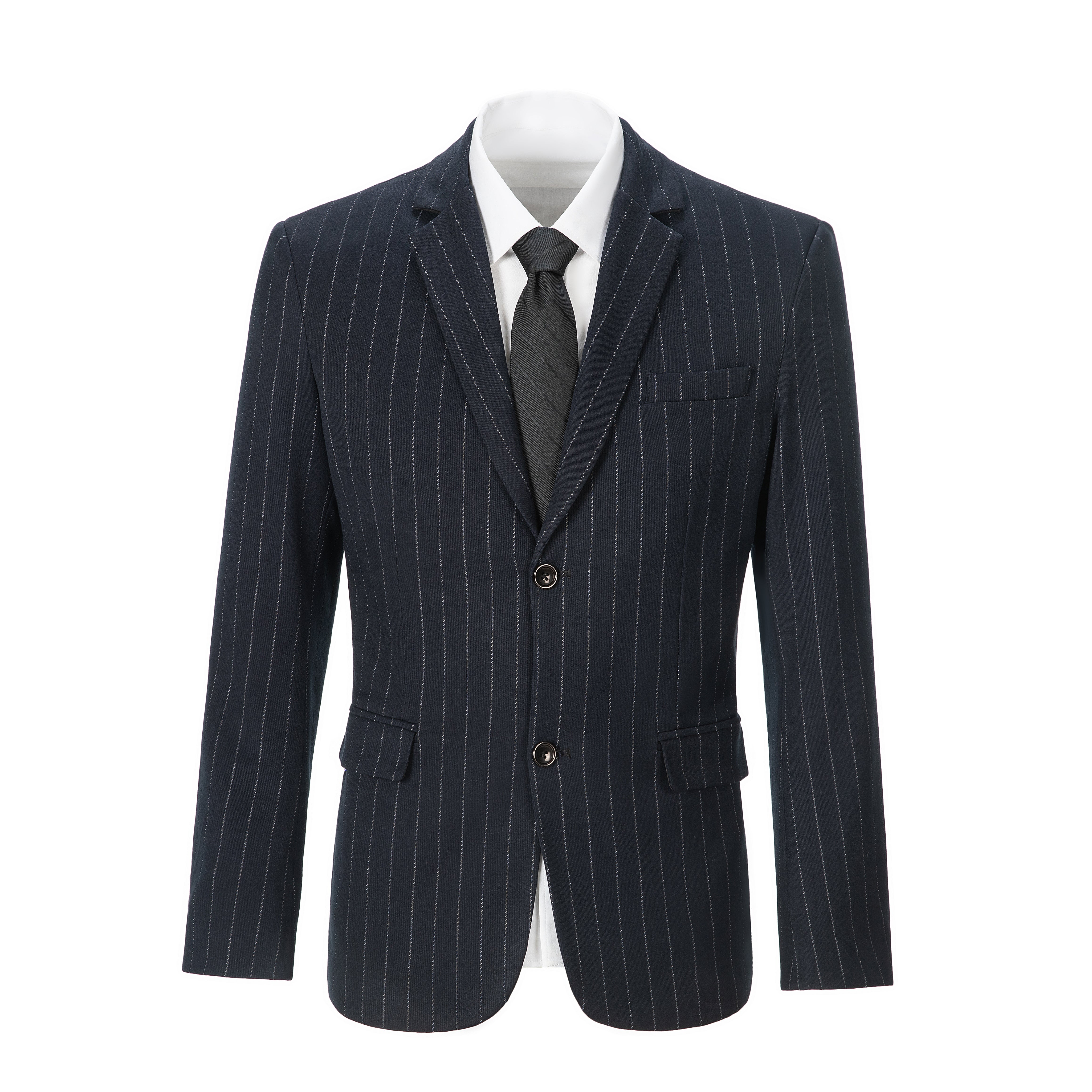 Close-up of blazer on navy chalk stripe men's formal two-piece suit