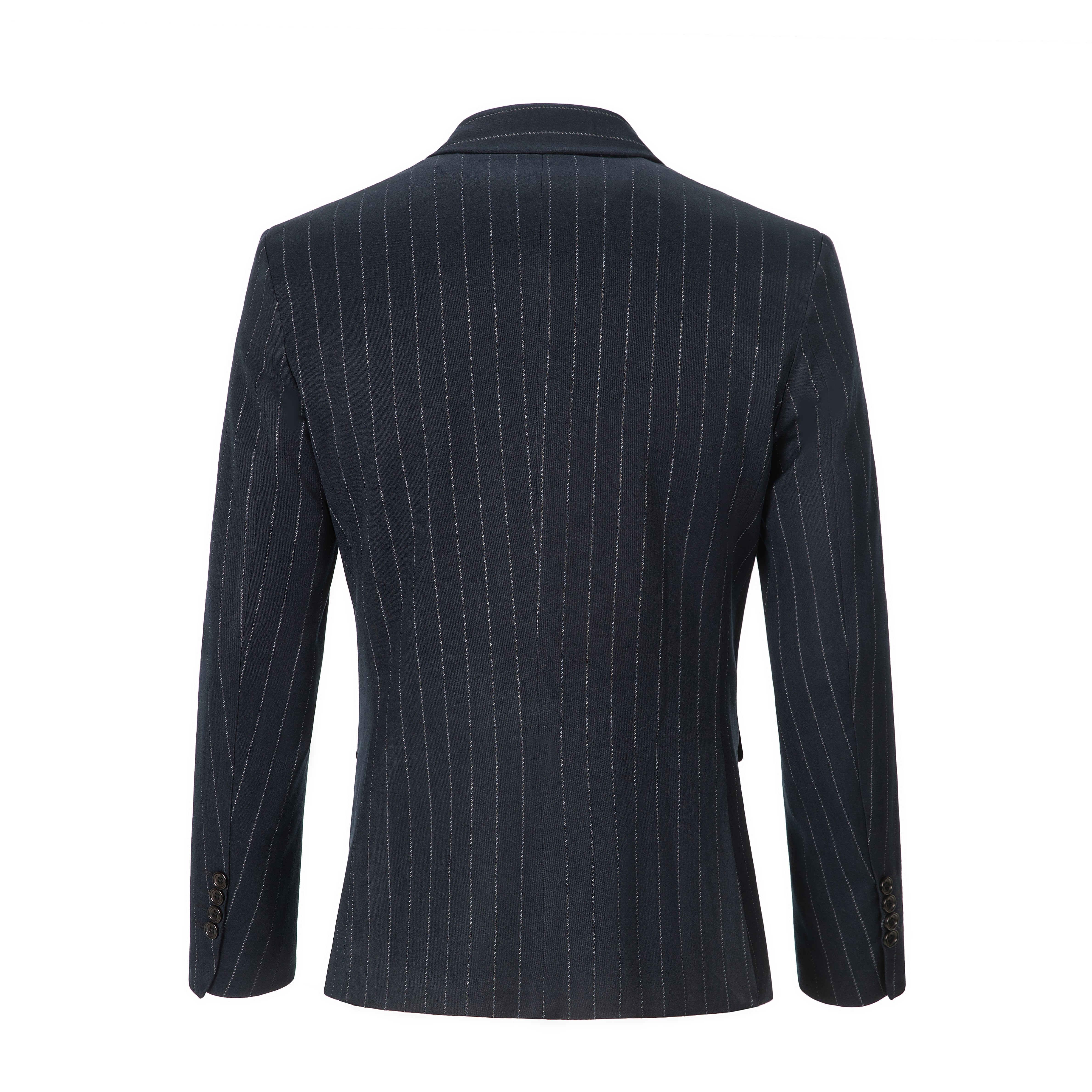 Back of blazer showing pinstripe pattern on navy party suit