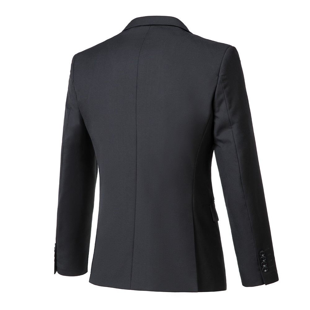 Men's black two button blazer back view - slim fit center seam with button cuffs for formal events