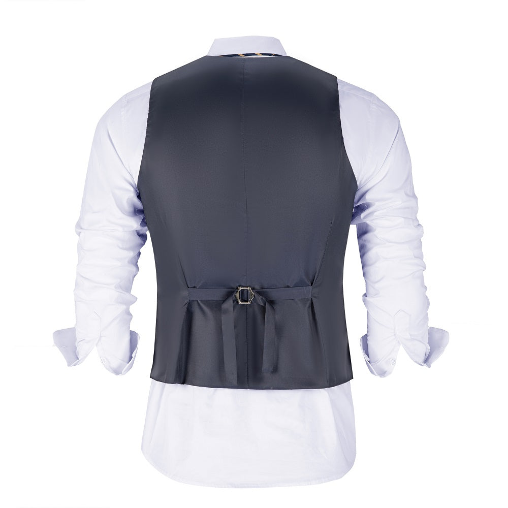 Back view of adjustable blue men’s plaid vest – tailored fit with satin finish