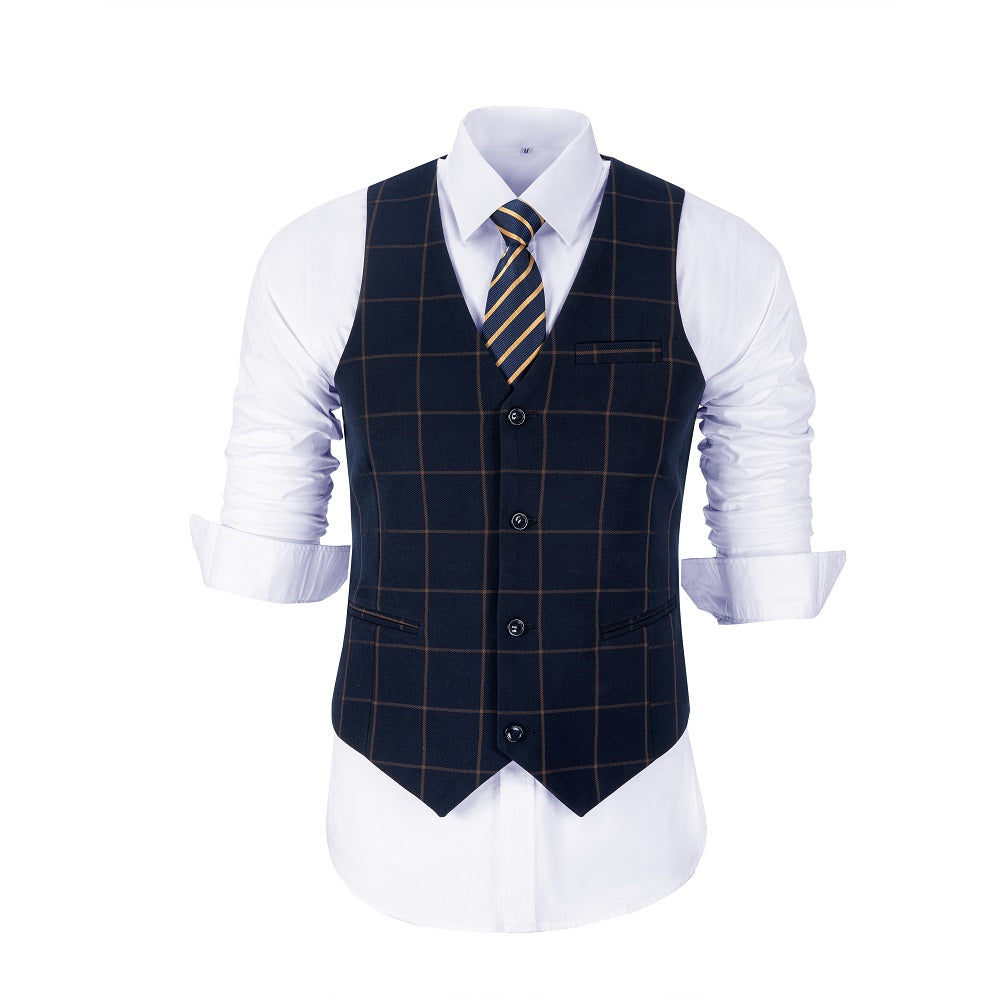 Front view of blue plaid men’s vest with orange grid pattern – formal party or wedding outfit