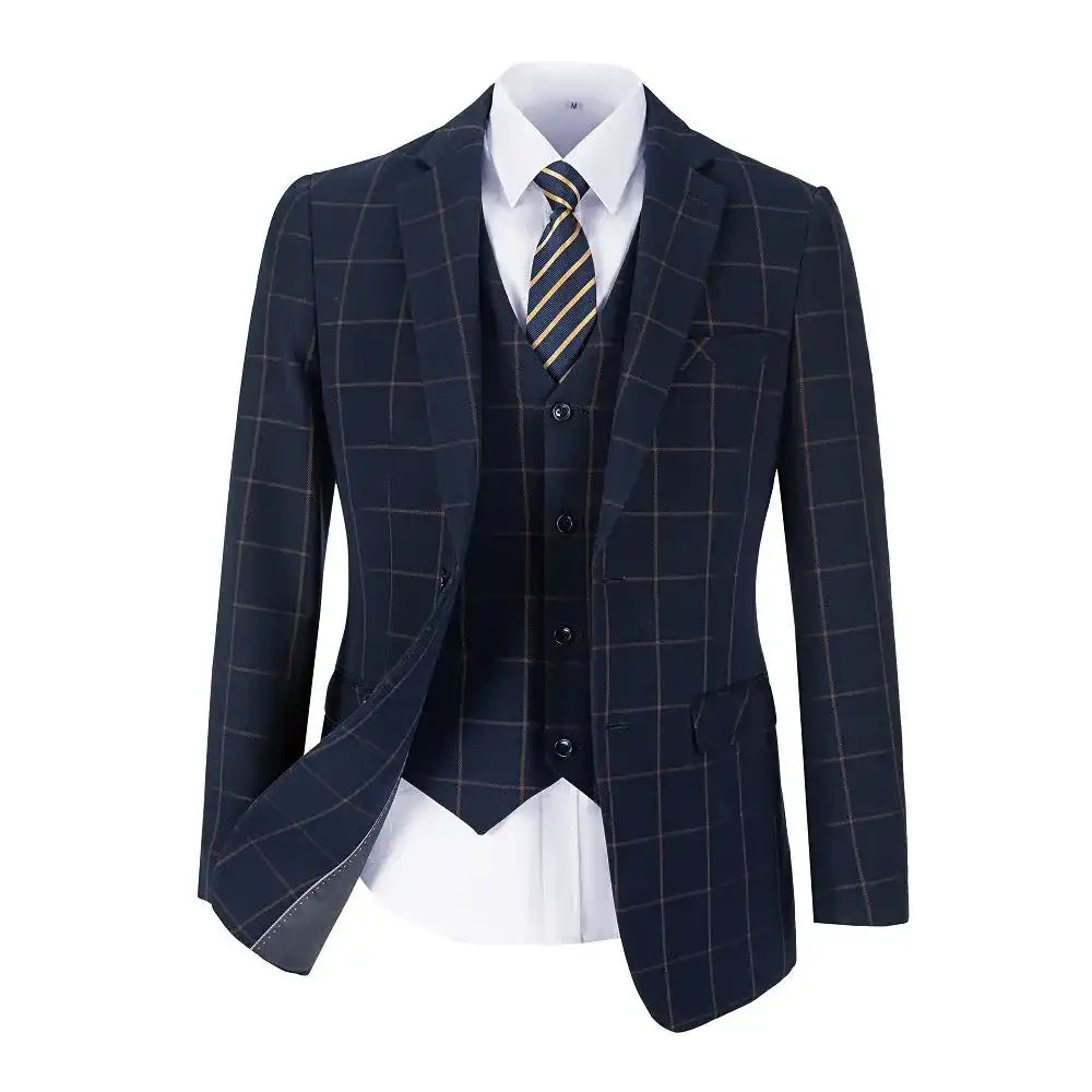 Navy plaid suit for men with orange overcheck – stylish modern ensemble