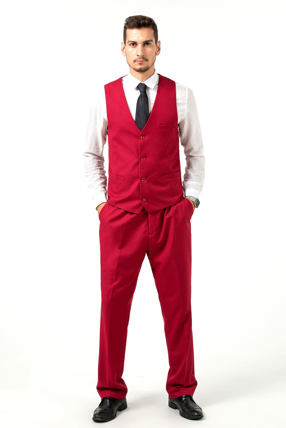 Red 2-piece vest and pants suit with white shirt – sleek formal look for men