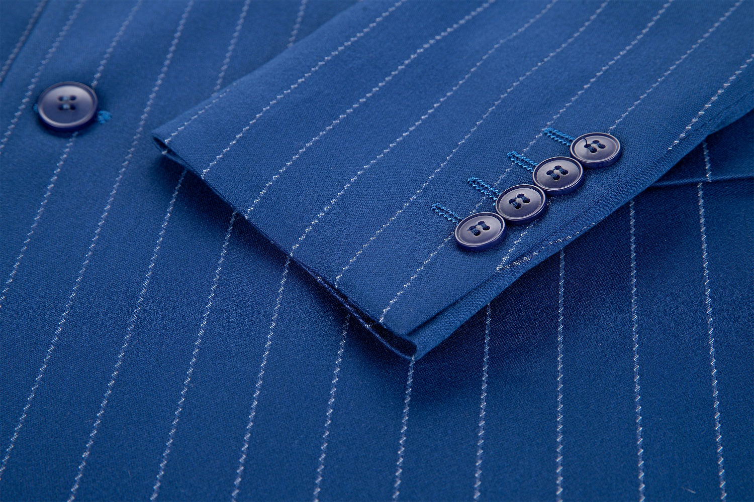 Royal blue pinstripe suit pants with slim fit and clean waistband design